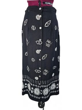 90s Vintage Print Long Maxi Skirt Natural Mother Of pearl Shell Button Front